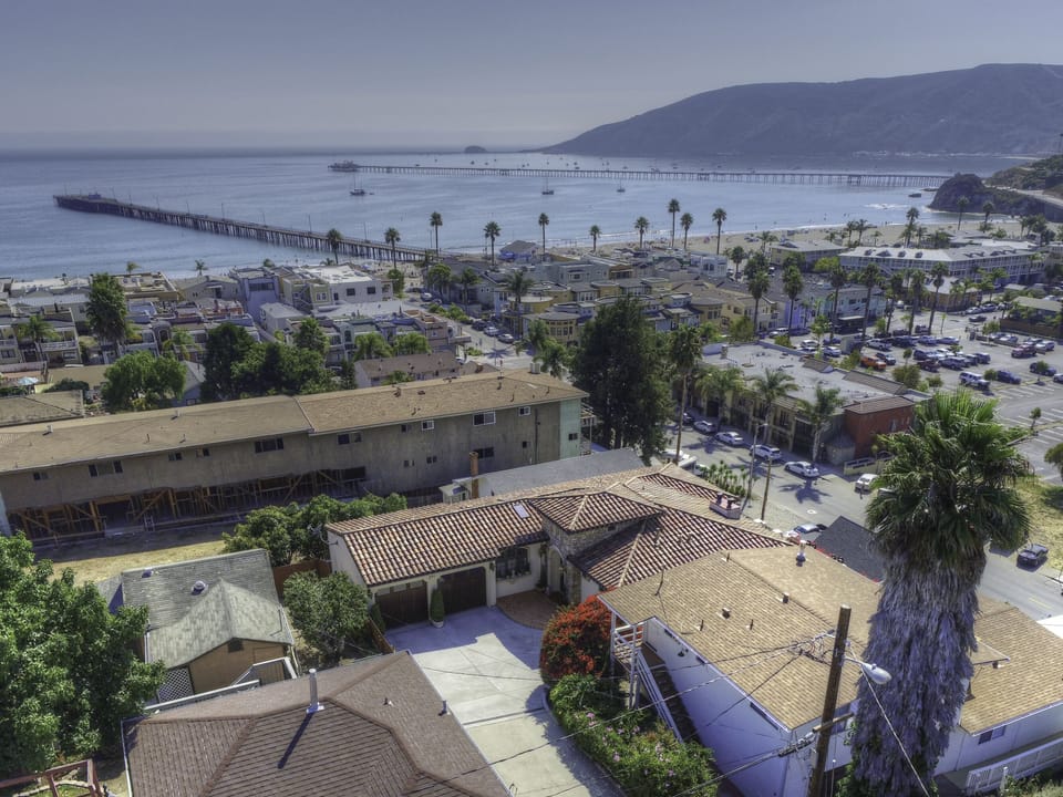 Aerial view of Avila Beach and pier.