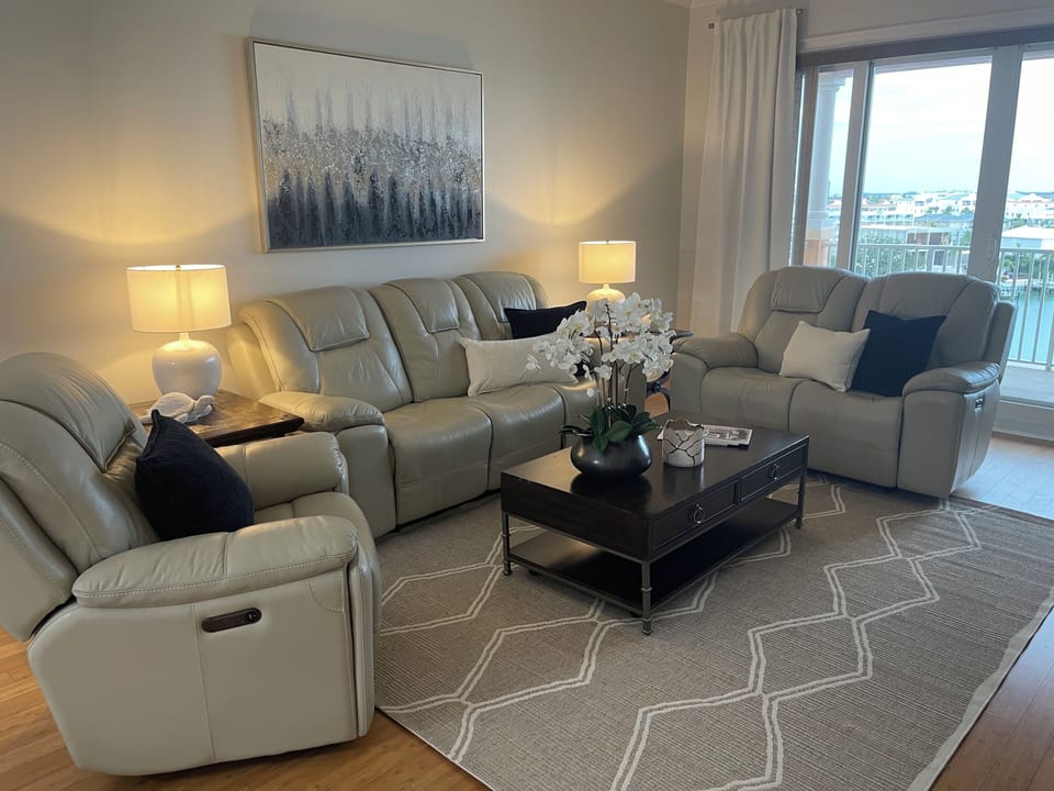 Leather living room furniture with space to spread out and relax.