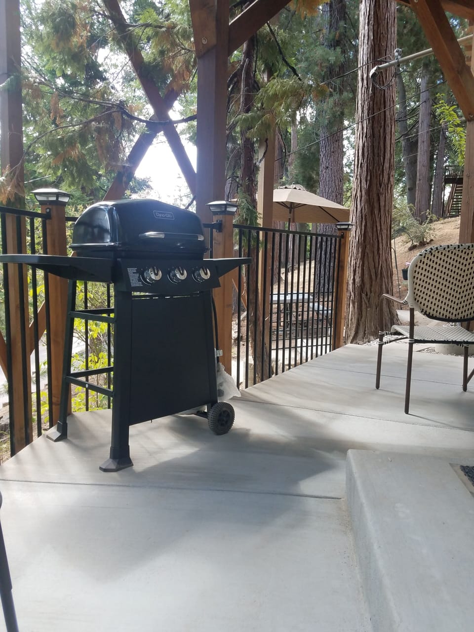 Private BBQ and patio area with picknick table and umbrella in outer area