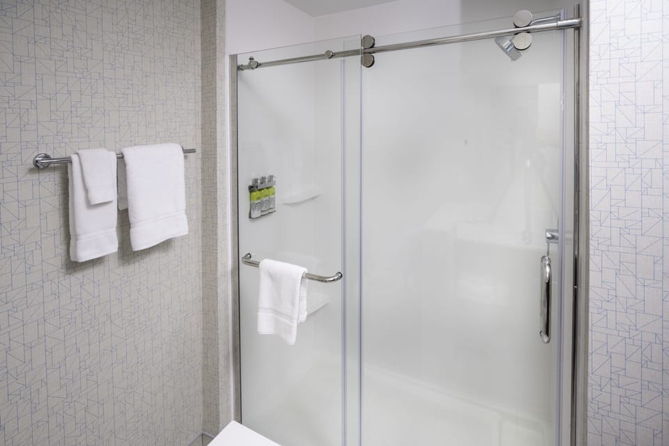 Hydromassage showerhead, free toiletries, hair dryer, towels