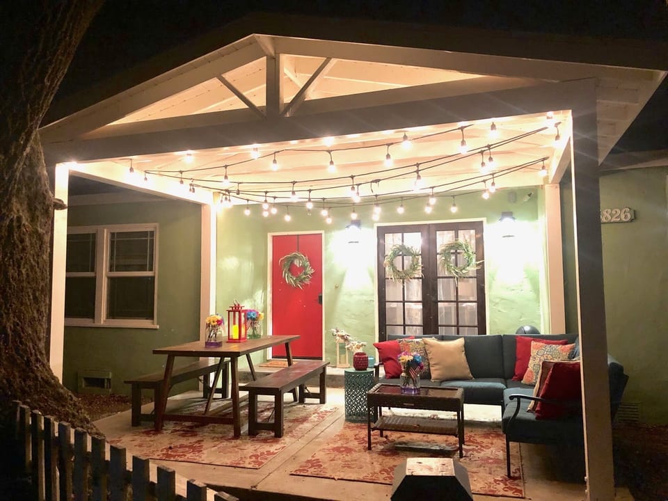 Beautiful outdoor lighting for dinner or just hanging out facing the lake