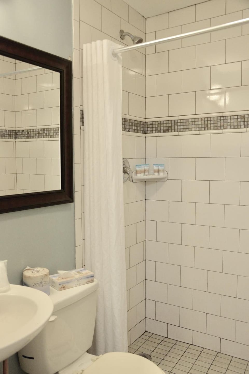 Combined shower/tub, free toiletries, towels