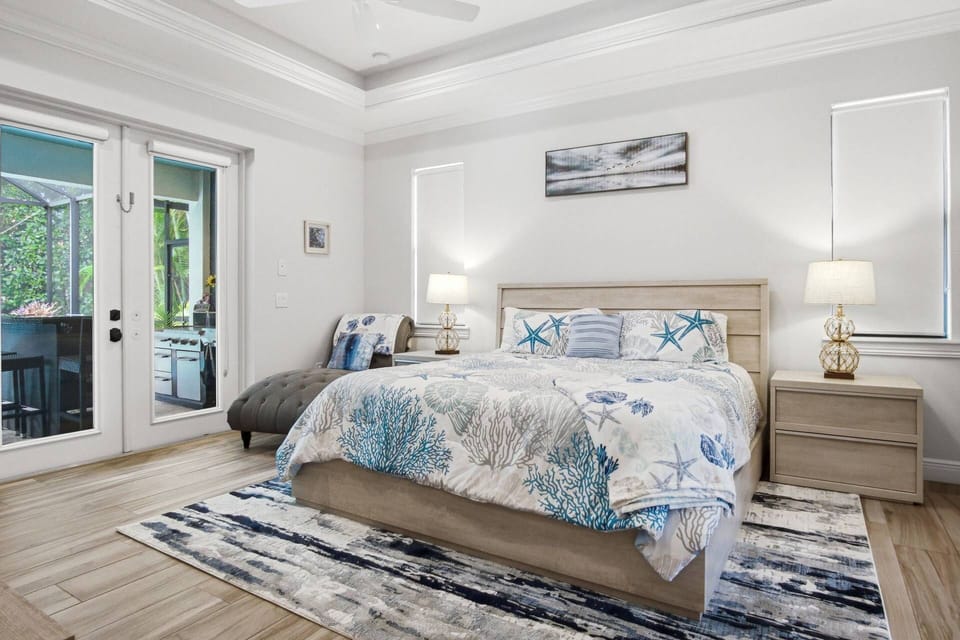 The primary suite features a king bed with all new linens and furnishings.