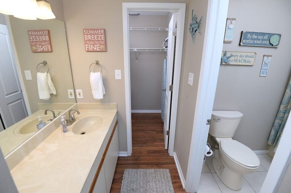 Primary bathroom with extended vanity, separate water closet, and walk-in closet