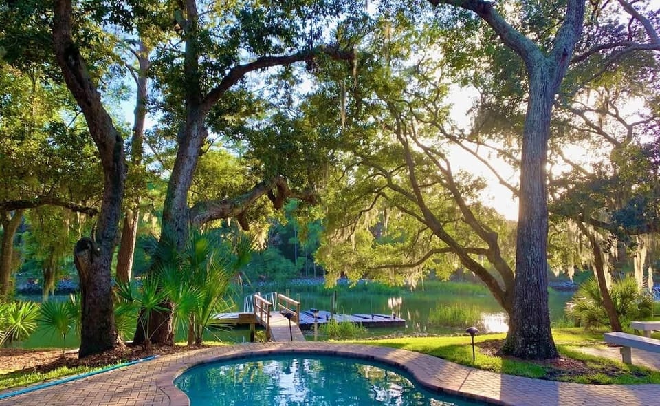 Dive into your private oasis where sparkling pool waters meet scenic river views through towering oak canopies.
