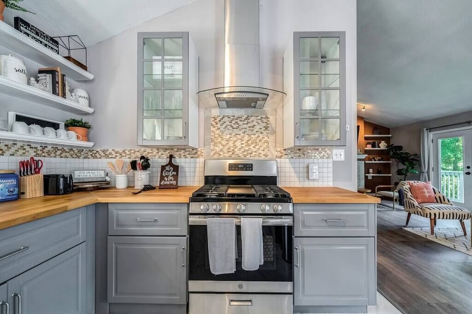 Oven & stove; cooking utensils; Plates, bowls, & cups (glasses and mugs).
