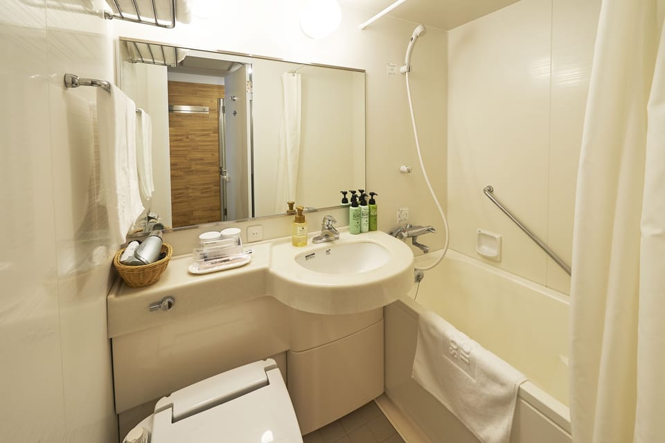 Combined shower/tub, deep soaking tub, free toiletries, hair dryer