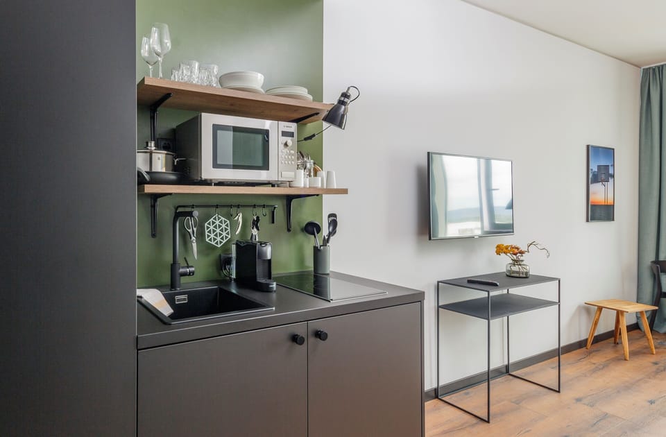 Full-size fridge, microwave, stovetop, espresso maker