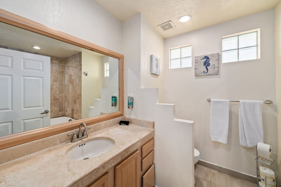 Bathroom featuring a spacious walk-in shower and large countertop with dual lighting.