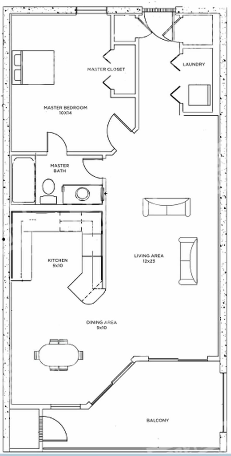 One-bedroom layout with spacious living, dining, and kitchen areas with beachfront balcony access