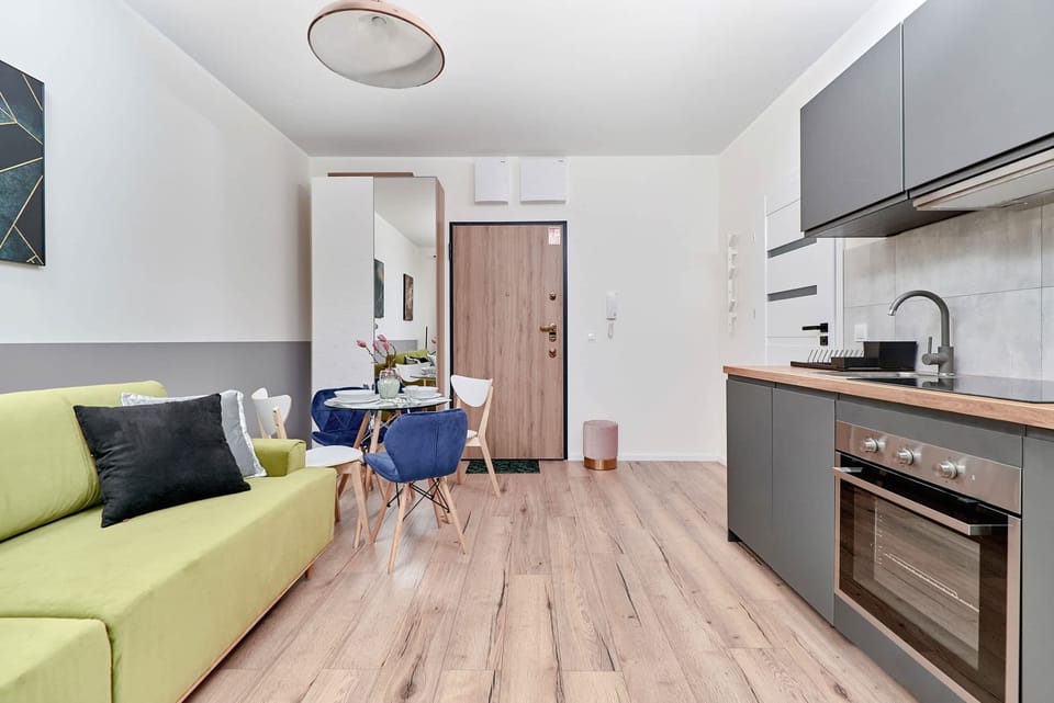 The spacious living room features a comfortable sofa bed and a flat-screen television.