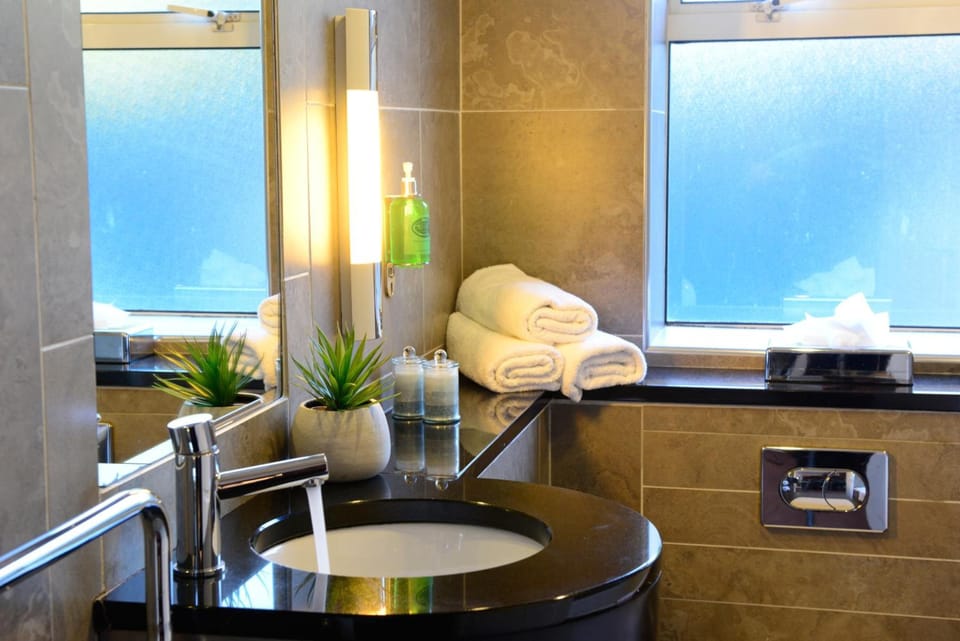 Combined shower/tub, free toiletries, hair dryer, towels