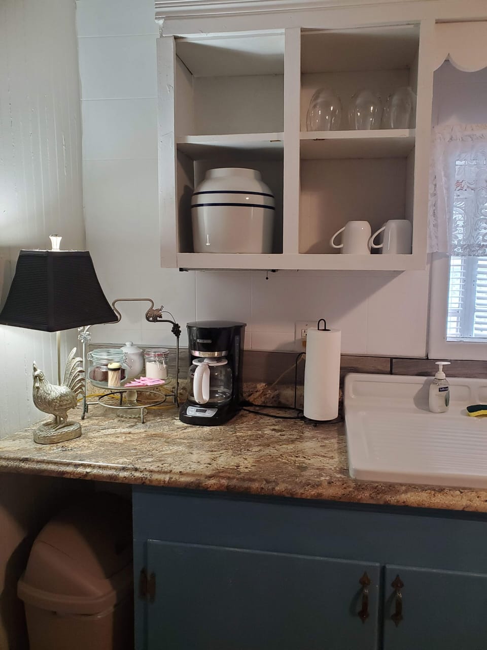 Coffee maker, coffee, sugar, creamer, tea and toothpicks to get you started.  