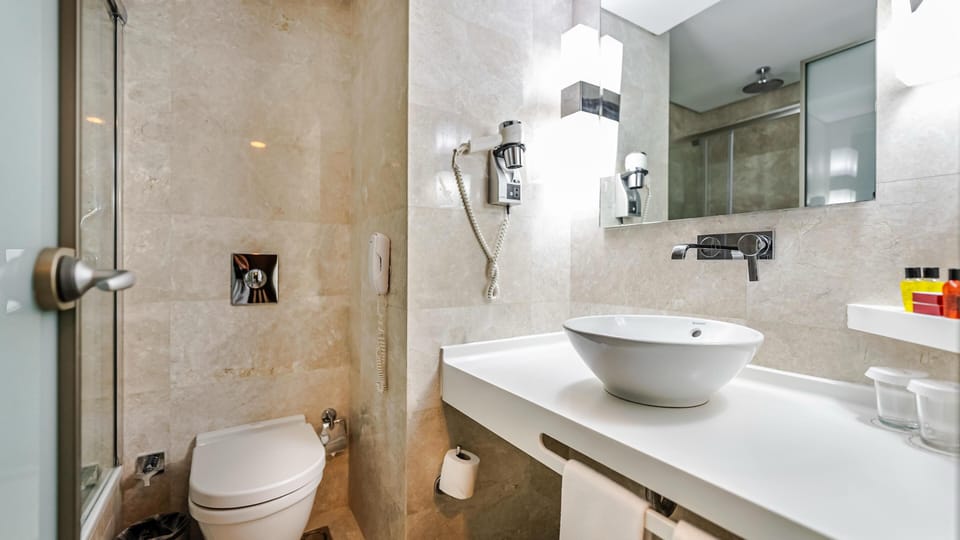 Designer toiletries, hair dryer, slippers, bidet