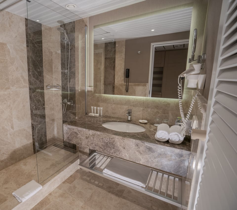 Bathtub, free toiletries, hair dryer, towels