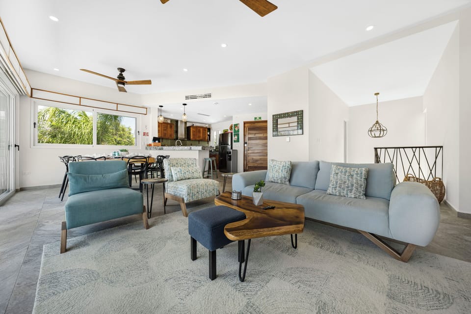 Main level living, dining and kitchen.  A great gathering space for your group.