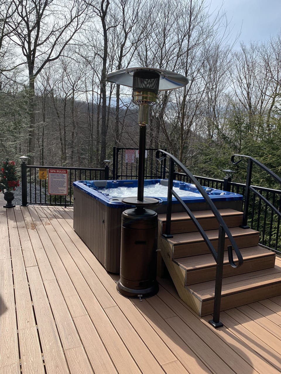 Outdoor Hottub, Backyard: Trex Deck, custom made sturdy staircase & railing. 