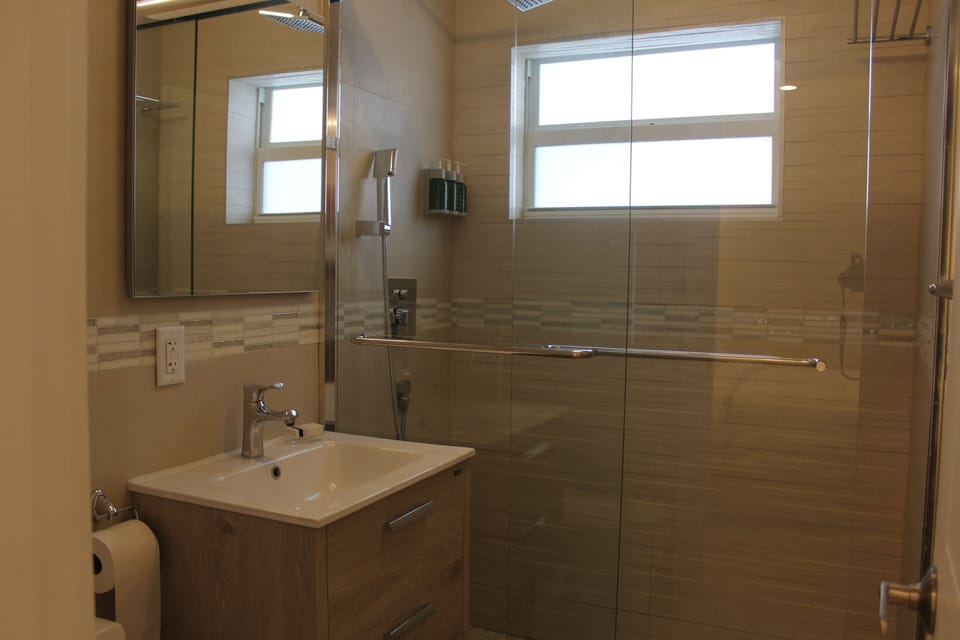 Shower, rainfall showerhead, hair dryer, towels