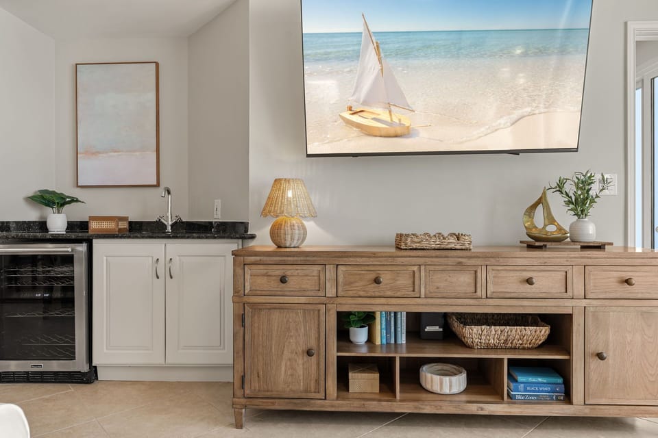 Comfortable coastal-themed retreat is ready for your vacation.