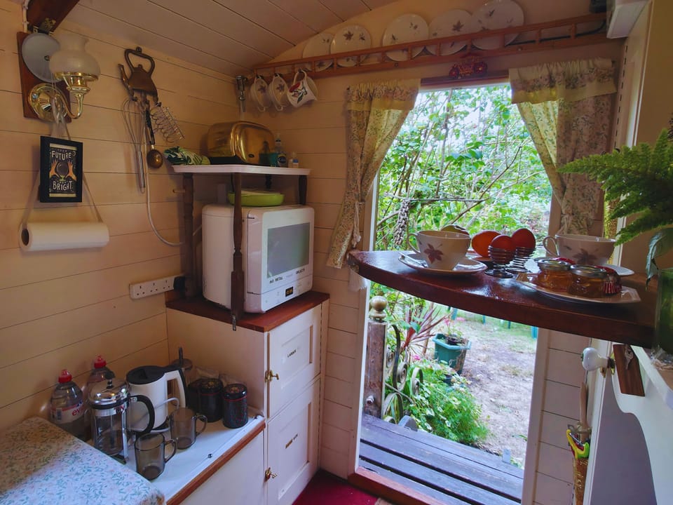 Kitchenette with microwave, toaster and a cool box