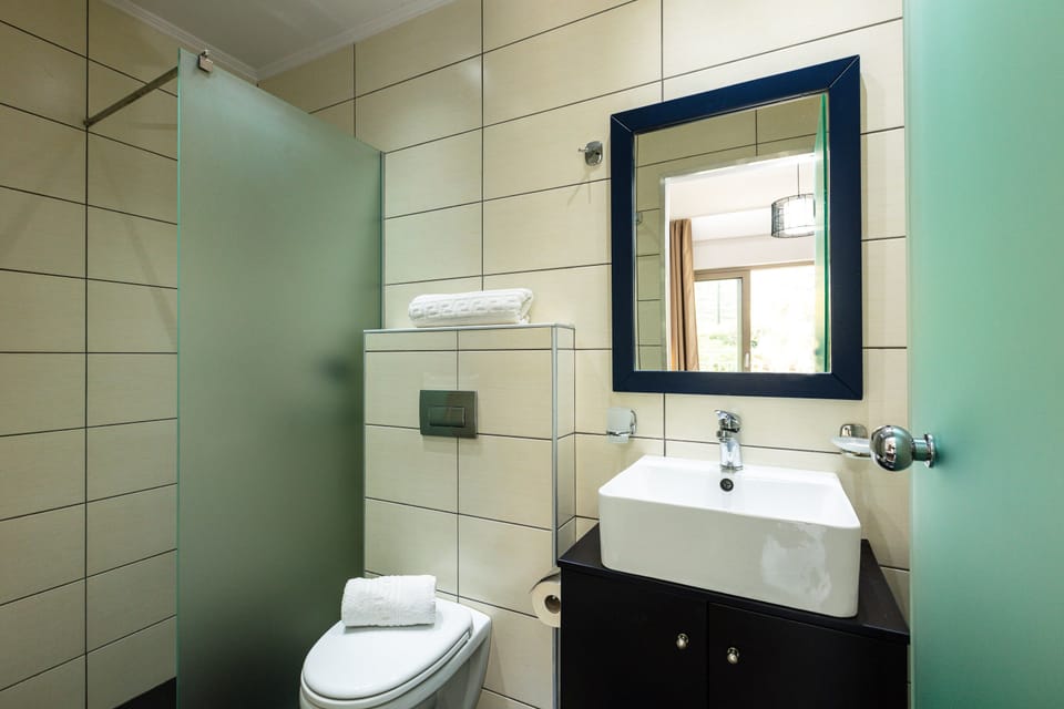Standard Room with Side Sea View | Bathroom | Shower, free toiletries, hair dryer, towels