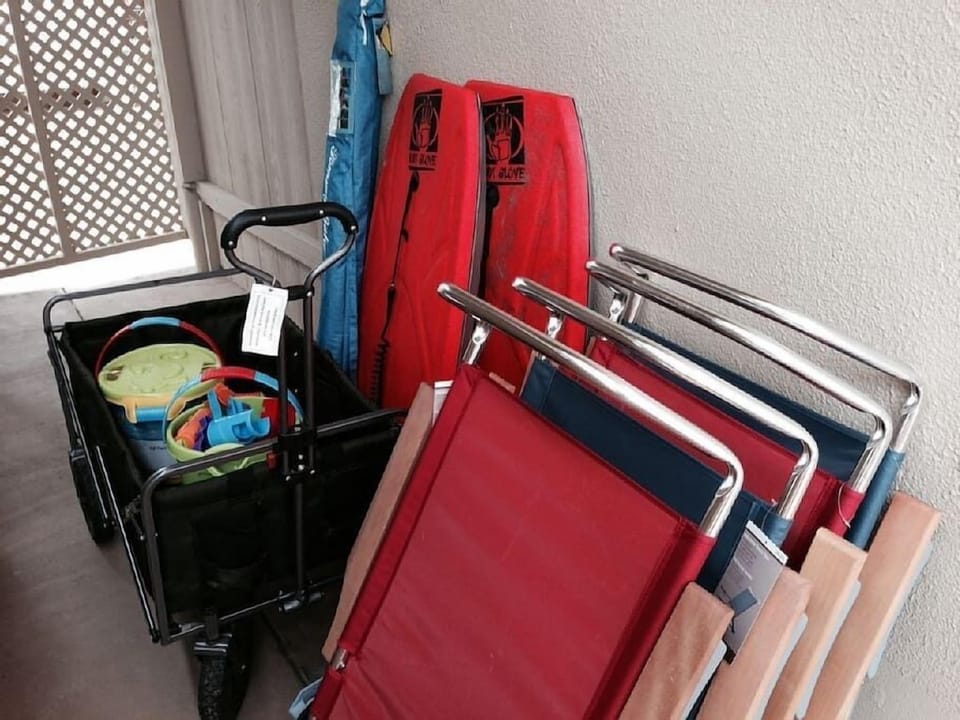 Our storage is packed with beach gear and wagon for the short stroll to the sand