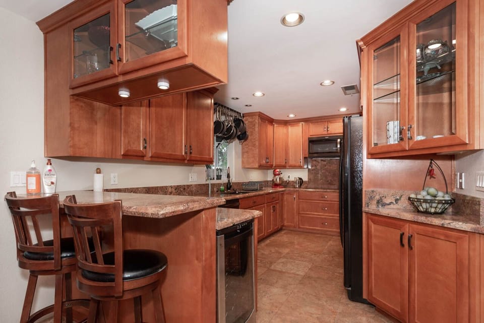 Kitchen, mbar stools, microwave, fridge, wine fridge, pots, Kitchenaid mixer