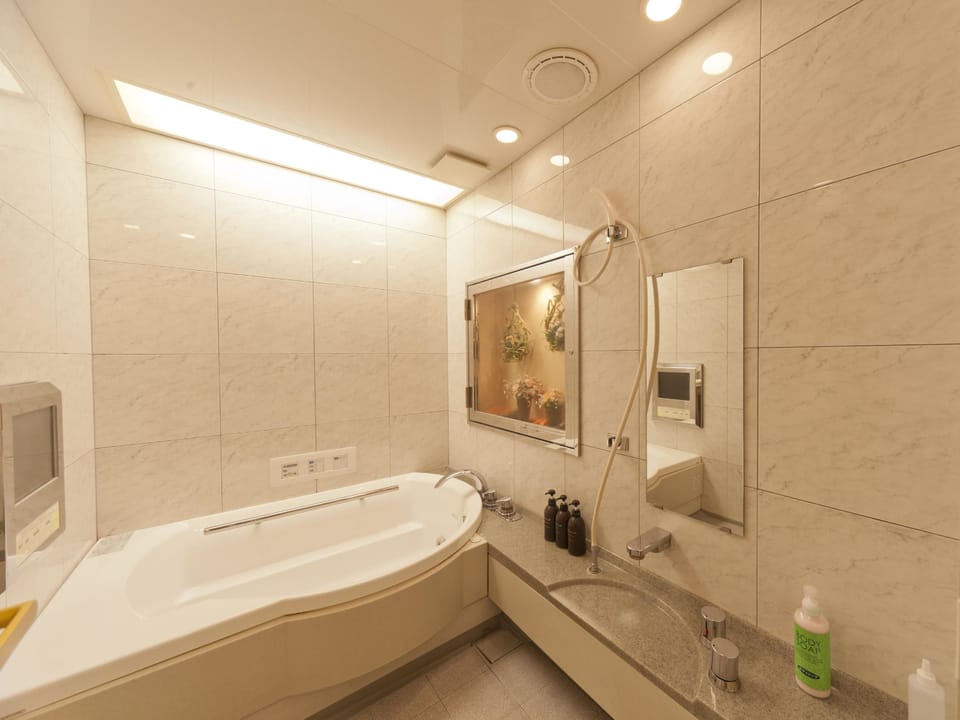 Separate tub and shower, jetted tub, designer toiletries, hair dryer