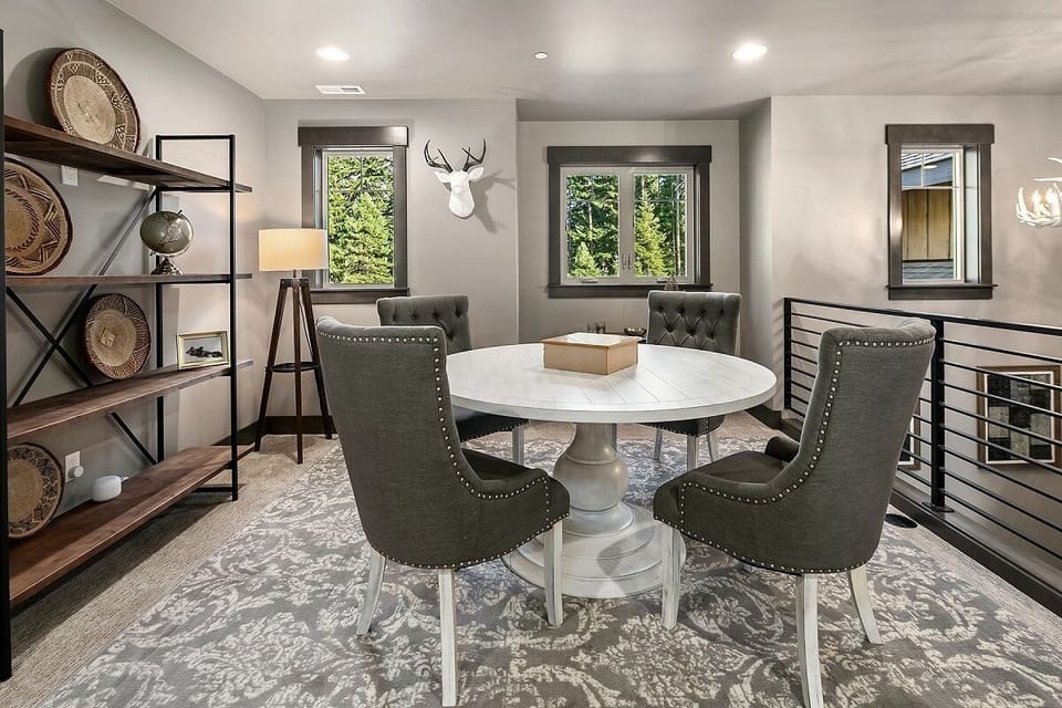 Loft Lounge – Round Game Table + Plush Chairs for Cards or Work Calls