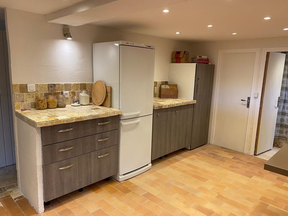 Ample space for groceries, American size frig, open door to bath/shower room W/C