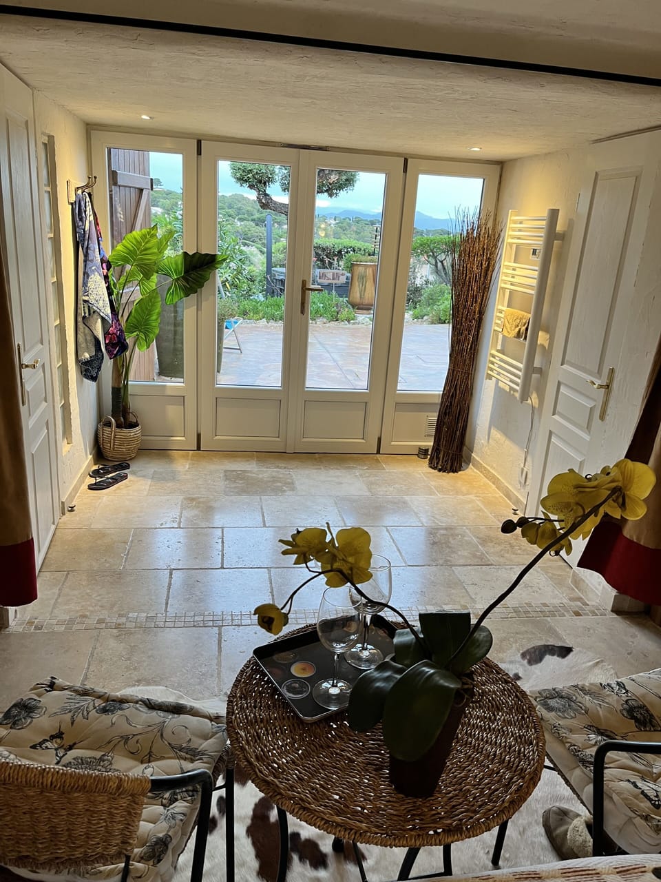 Open to the garden patio, Spa and sea views through the oaks, Travertine floors