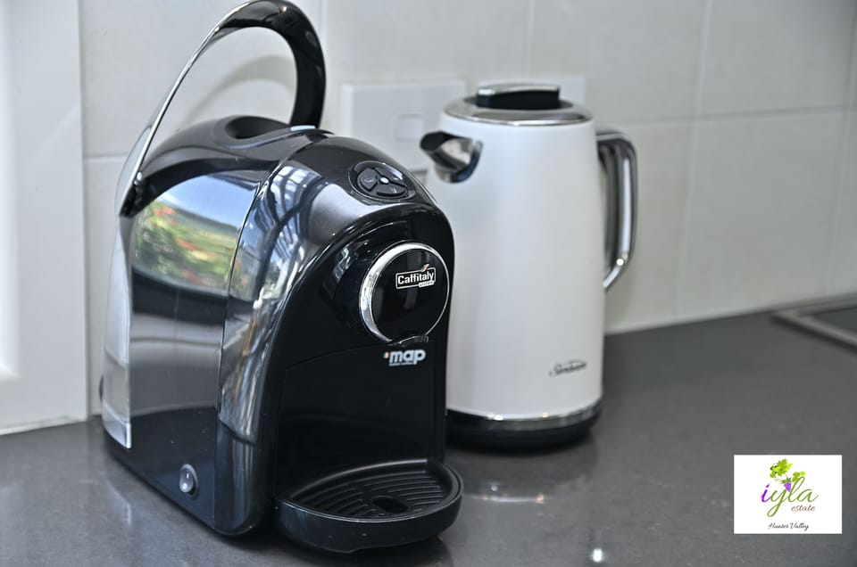Fully equipped kitchen with coffee machine, kettle, microwave, fridge and stove