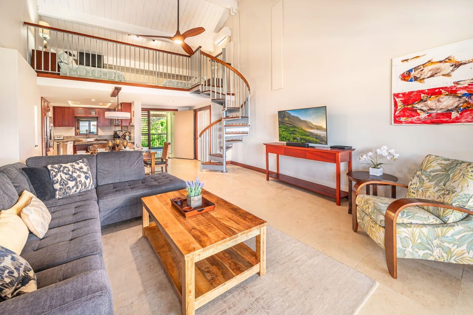 View of the living room and loft space