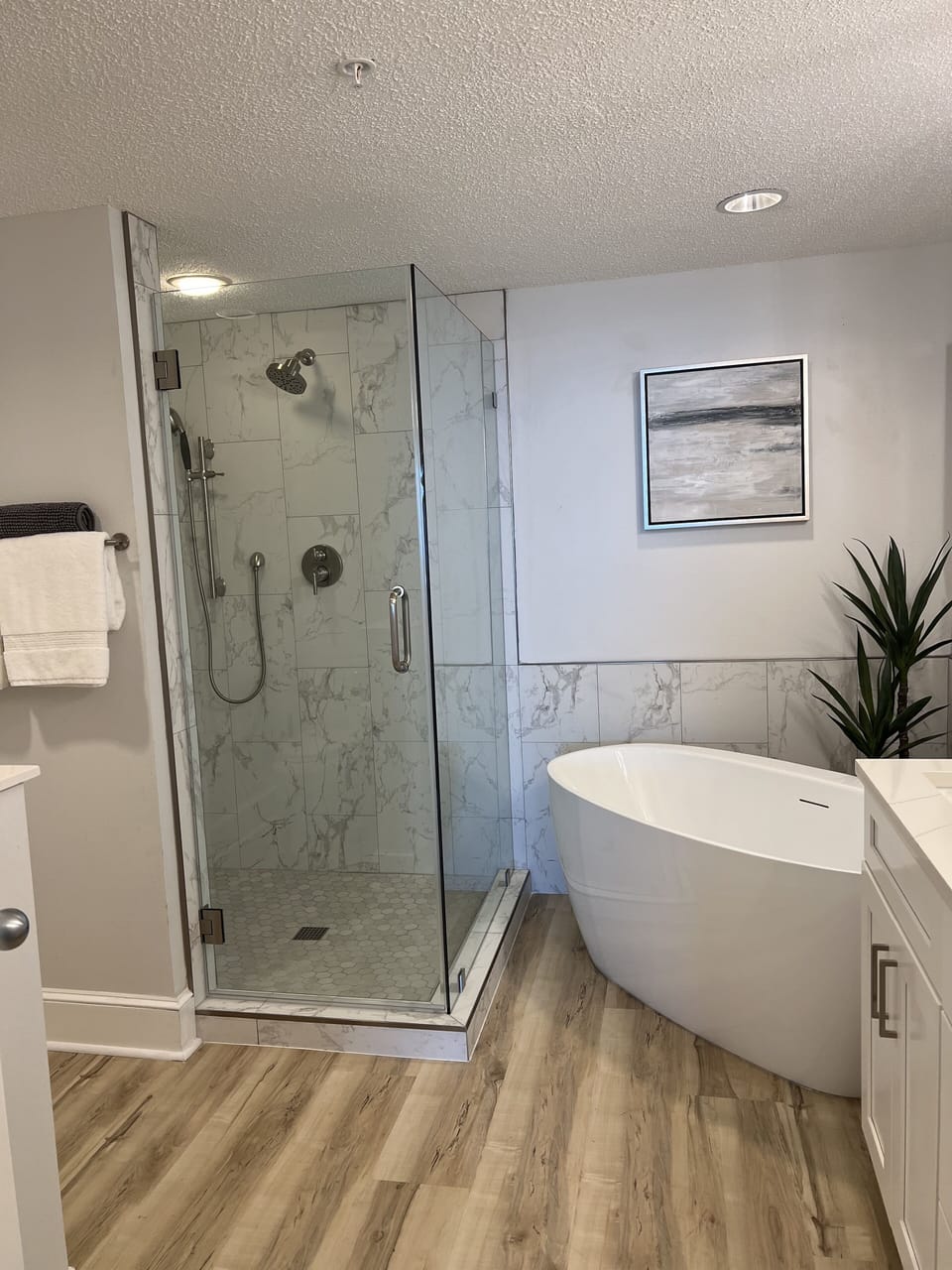 Walk in shower with glass door and soaking tub
