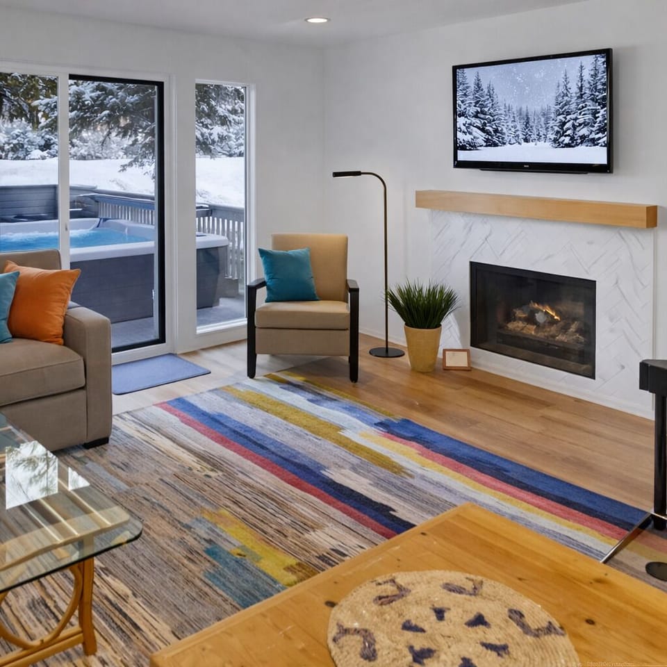 Unwind in the cozy, modern living area featuring a warm fireplace and large glass doors leading directly to your private outdoor hot tub with scenic views.
