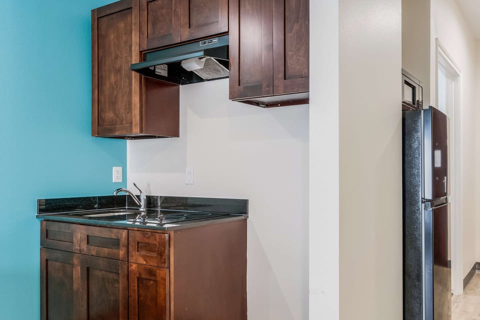Fridge, microwave, stovetop