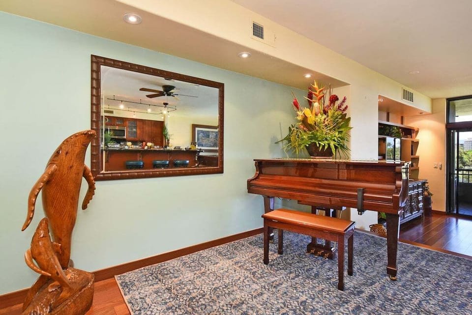 Charming piano nook ideal for relaxing, playing music, or enjoying the serene ambiance