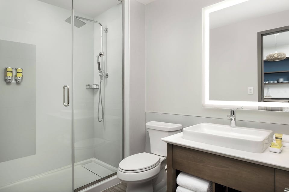 Eco-friendly toiletries, hair dryer, towels, soap