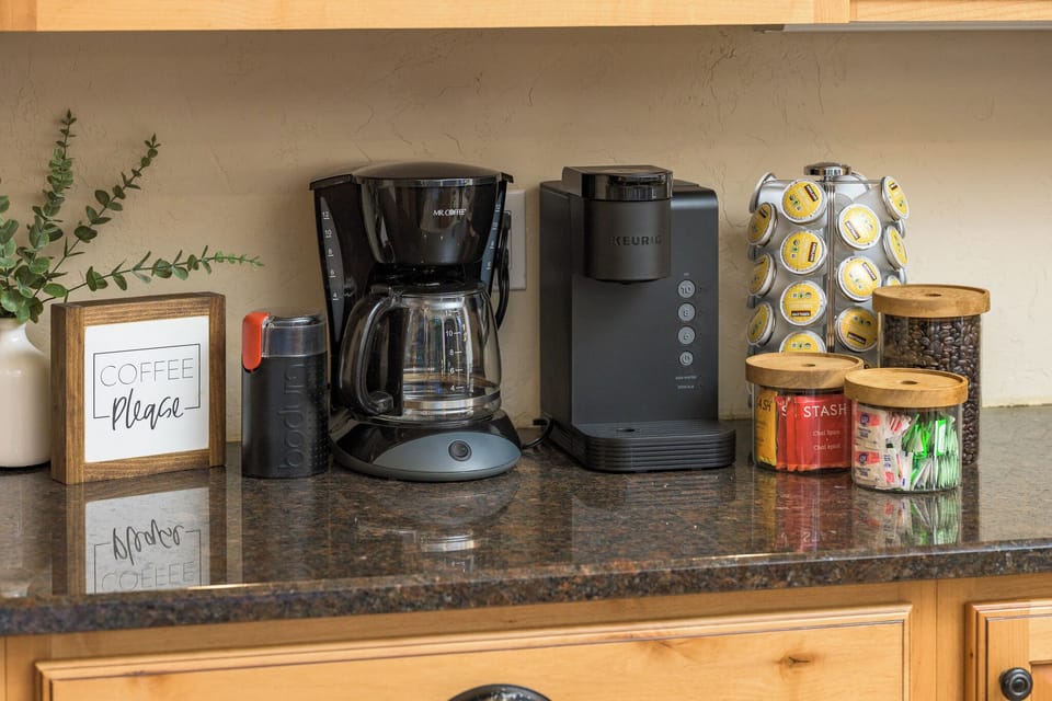 Coffee Bar Essentials — Fully stocked coffee station with options for every preference—morning rituals, perfected. ☕️✨