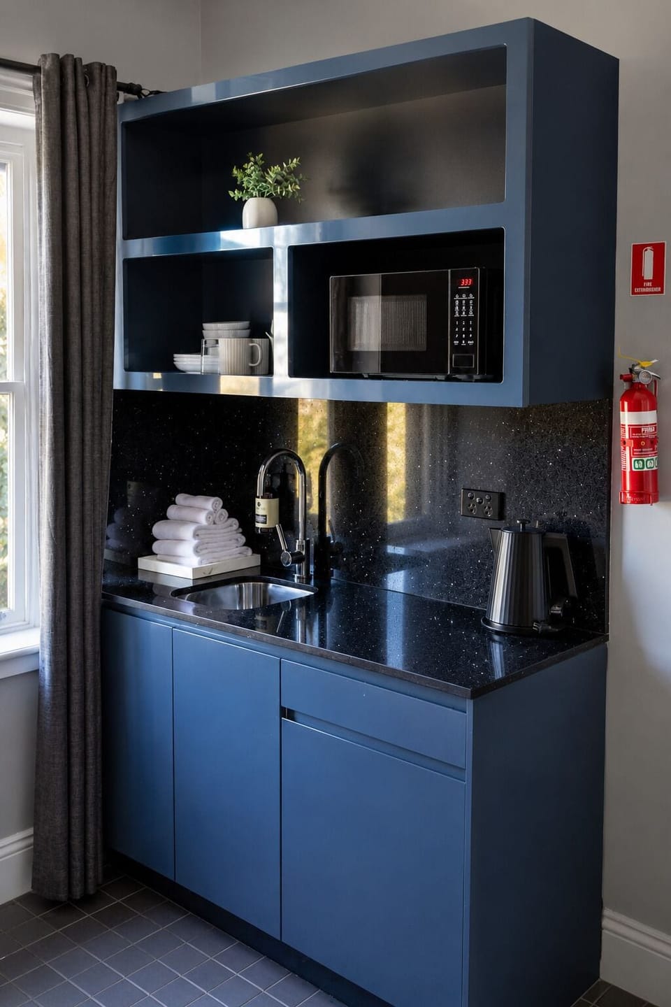 Fridge, microwave, electric kettle, cookware/dishes/utensils