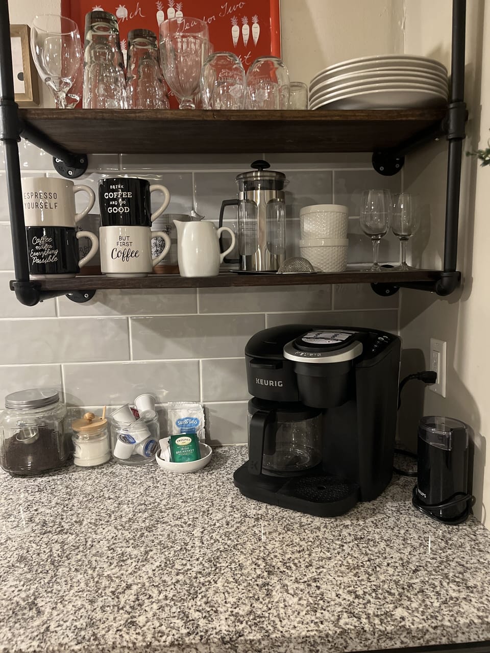 Glassware , coffee cups, elec grinder

French press, keurig / drip pot.
