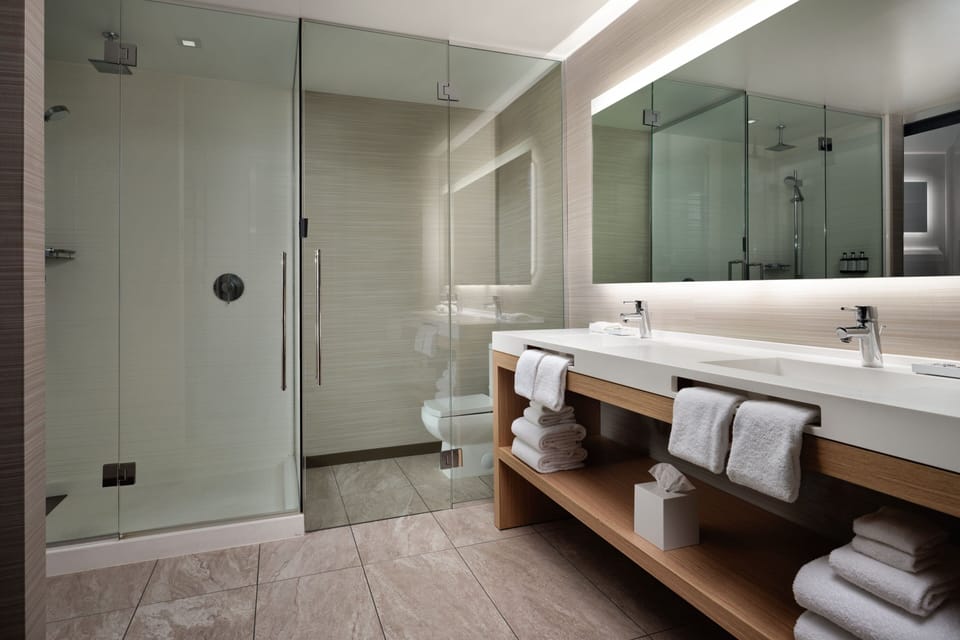 Rainfall showerhead, free toiletries, hair dryer, towels