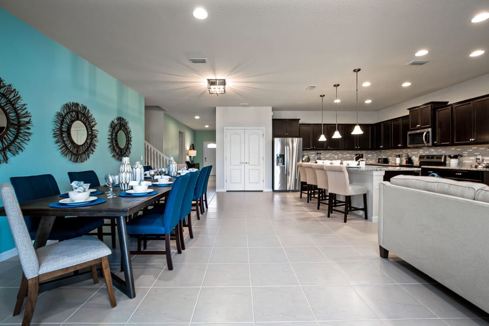 Spacious downstairs area with kitchen, dining, and living room
