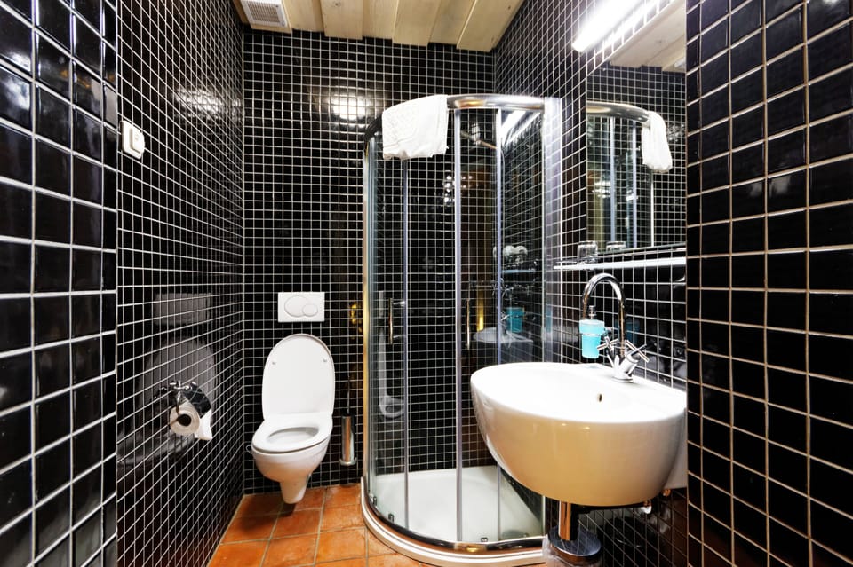 Deluxe Double Room (Blue) | Bathroom | Shower, free toiletries, heated floors (bathroom), towels