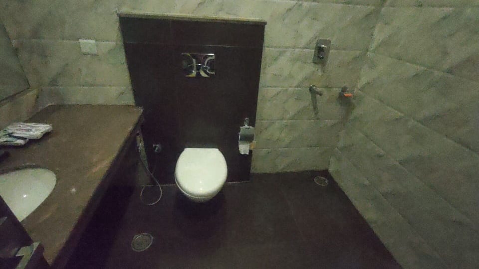 Shower, hydromassage showerhead, free toiletries, towels