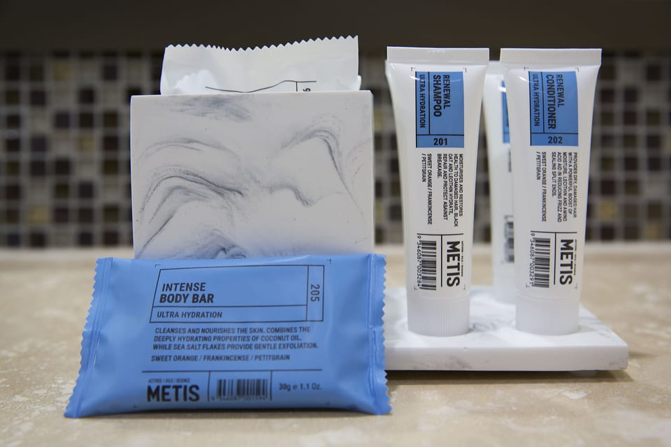 Free toiletries, hair dryer, towels