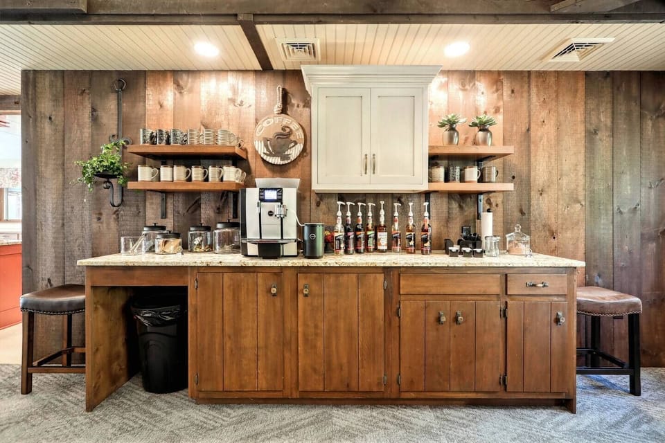 Full Coffee Bar with Commercial JURA Coffee, Espresso, Flat Whites, Cappuccino, Latte and flavoring station.
