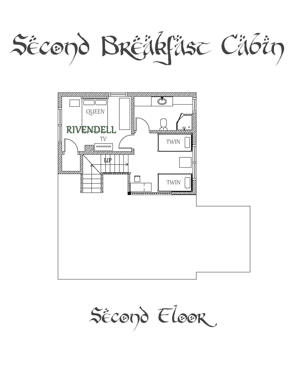 The second floor includes a loft with two twin beds and work area, bathroom, and bedroom with a queen bed