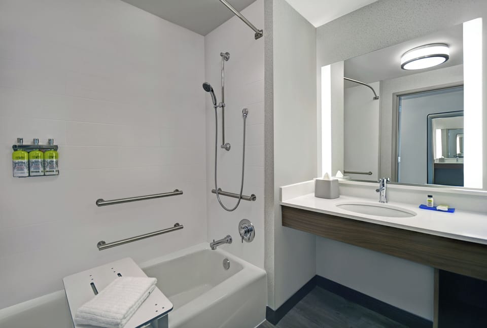Eco-friendly toiletries, hair dryer, towels, soap