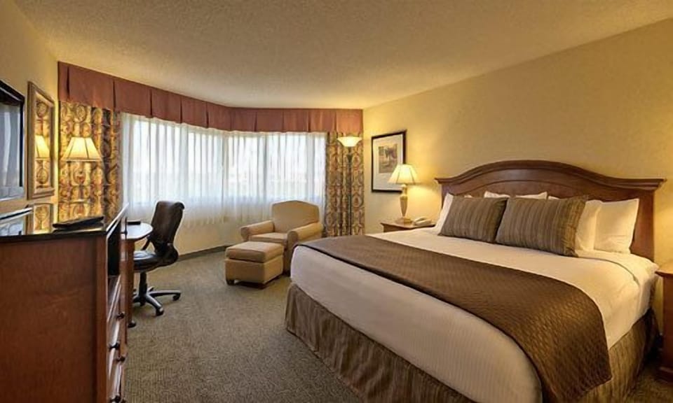 Premium bedding, desk, laptop workspace, blackout drapes